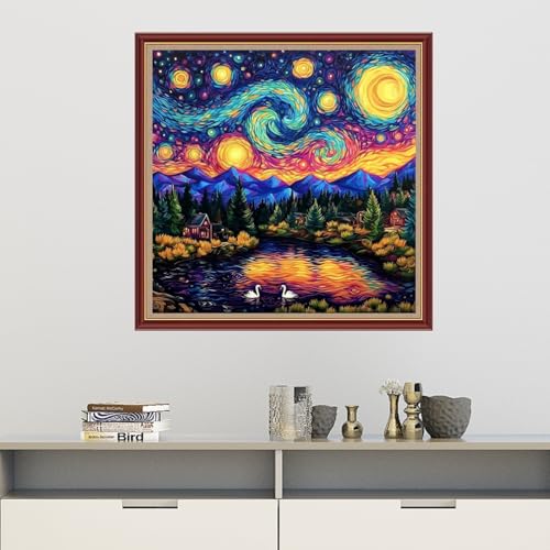 Image of Dooxvey Cross Stitch Kits for Adults Beginners,Full Range of Cross-Stitch Stamped Kits Needlepoint Kits for Beginners Embroidery Kits 11CT Cross Stitch Patterns-Van Gogh's Starry Night Home 18x18 inch