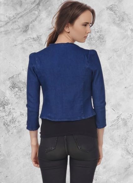 Image of Women's Blue Cropped Blazer, 3 /4 Sleeve, Button Front, Formal Jacket