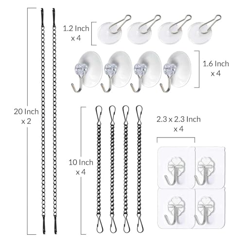 Image of Picture Hanging Chain with Adhesive Hooks and Suction Cup for Stained Glass Window Hangings Kit and Suncatchers Black Metal Chain Kit 18 pcs (Black)
