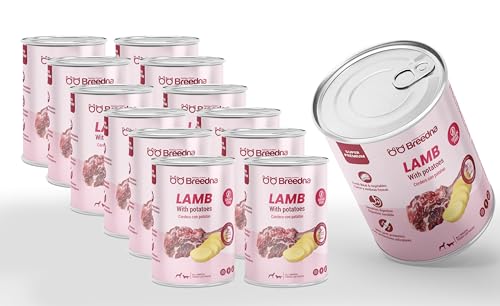 BREEDNA - Pack 12 Latas 380gr Alimento Húmedo de Cordero con Patatas | para Perros Jóvenes y Adultos de Todas Las Razas | Comida Hipoalergénica sin Cereales para Digestión Óptima