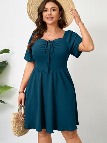 Image of RWJ Women Plus Size Summer Dress Short Sleeve Tie Front Sweetheart Neck Casual Mini Wedding Guest Dresses 2025