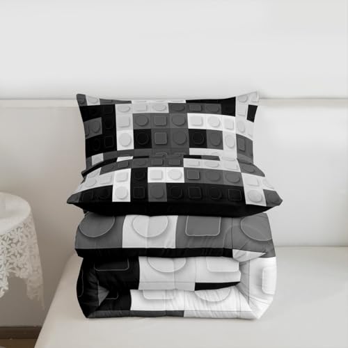 Image of Feelyou Building Blocks Games Toy Comforter Set Queen Size Kids Boys | Teens Brick Breathable Duvet Set Quilt Set Room Decor Black Grey Warm Cozy Lightweight All Season