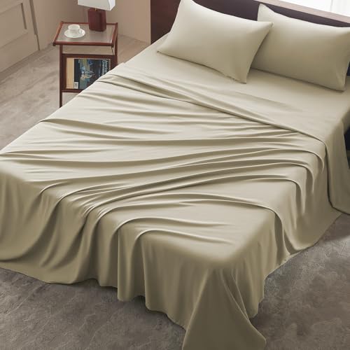 Image of Queen Size 4 Piece Sheet Set - Comfy Breathable & Cooling Bed Sheets Set, Soft and Wrinkle Free, Deep Pockets, Easy & Secure Fit, Hotel Luxury Bedding - Oeko-Tex - Beige