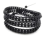 xinpeng Handmade Alloy Leather Natural Stone Bead Statement Bracelet Bangle Cuff Rope 3 Wrap Adjustable Jewelry Collection (Black Agate & Black Leather Cord)