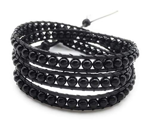 Xinpeng Handmade Alloy Leather Natural Stone Bead Statement Bracelet Bangle Cuff Rope 3 Wrap Adjustable Jewelry Collection (Black Agate & Black Leather Cord) #TOP9