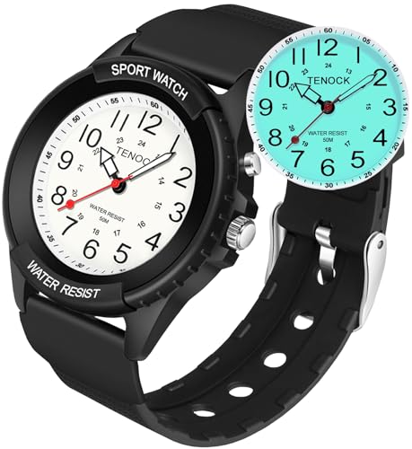 TENOCK Waterproof Nurse Watch for Medical Professionals Students Women Men, Night Light, 12/24 Hour Military Time Easy to Read Dial, Second Hand Watch for Nursing Day Gifts (Black)
