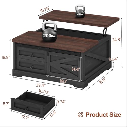 Itaar 39.4'' Lift Top Coffee Table with Storage, Farmhouse Coffee Tables for Living Room, Square Coffee Table with Large Hidden Compartment & 2 Drawers & Adjustable Shelves, Black+Walnut - Image 3