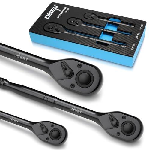 DISEN 3PCS Black Ratchet Wrench Set (1/2', 3/8', 1/4' Drive) - 90-Tooth Drive Ratchet Socket Wrench,...