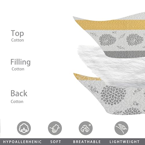 Homzard King Size Comforter Set,Floral King Size Quilt Set,Yellow Gray White All Cotton Quilted Bedspread,Striped Flower Pattern Bedding Set,Lightweight Paisley 3 Piece,All Seasons