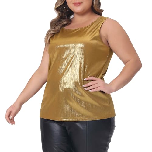 Agnes Orinda Plus Size Metallic Tank Top for Women Scoop Neck Sleeveless Party Clubwear Holographic Shiny Tops2