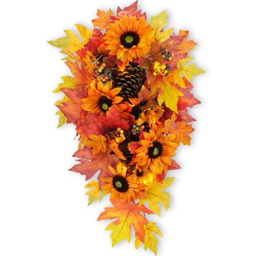 YULETIME 24" Pre-lit Fall Teardrop Swag, Battery Operated Autumn Theme
