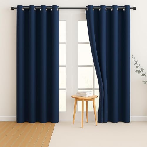 Image of HUTI Home Blackout Door Curtain for Bedroom | Heavy Solid Polyester Eyelet Curtain | Blue | 7 Feet | Set of 2