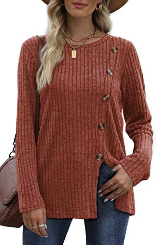 OFEEFAN Tunic Sweaters for Women Crewneck Long Sleeve Tops Casual Winter Caramel L