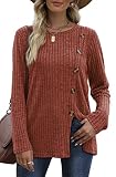 OFEEFAN Women's Tunics Long Sleeve Tops for Women Crew Neck Buttons Side Caramel XXL