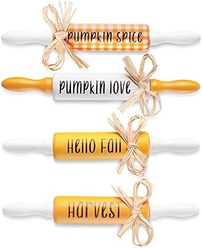 Suzile 4 Pieces Thanksgiving Fall Mini Rolling Pins Farmhouse Mini Rolling Pins Tiered Tray Decor Thanksgiving Decorations Farmhouse Kitchen Wood Rolling Pins for Homemade Bake Cookies