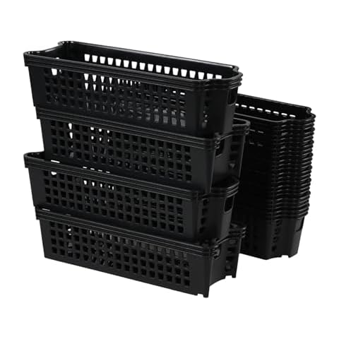 Morcte 12 Pack Narrow Plastic Storage Basket, Stacking Slim Plastic Baskets, Black Cover
