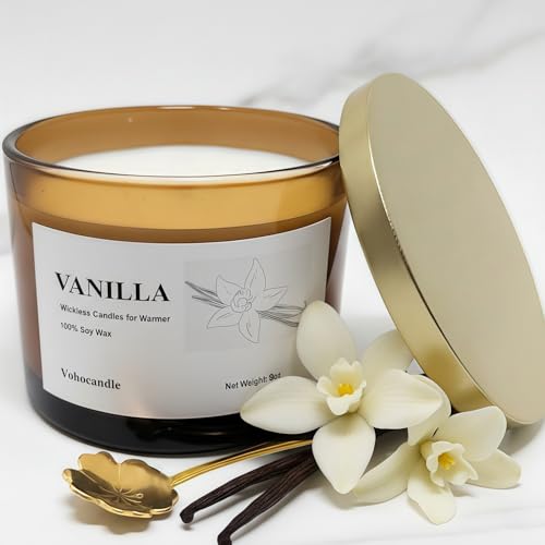 VOHO Vanilla Wickless Candles for Candle Warmer Lamp 9oz Soy Candles with Stirring Spoon & Lid Vanilla Candle for Anniversary House Warming Gifts Wickless Scented Candles for Candle Lamp Warmer