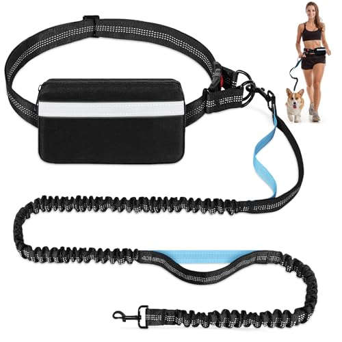 Joggingleine Hunde,Freihändig,Verstellbarer Bauchgurt hundeleine, Zwei gepolsterte Griffe,Stoßdämpfende, elastische,Abnehmbare reflektierende Hüfttasche,Joggen/Laufen Für Hunde bis 50 kg,Schwarz