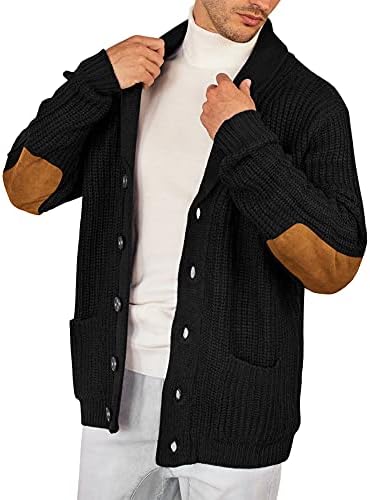 Esobo Men's Shawl Collar Cardigan Sweater Multi-Color Button Down Knitted Sweaters with Pockets Black