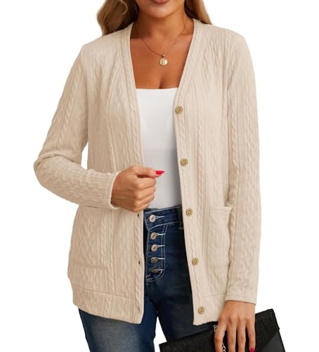 GRECERELLE Cárdigan de Punto Mujer Chaqueta para Mujer Elegante Otoño con Cuello Escote en V y Prácticos Bolsillos Suave y Estilosa (Albaricoque, L)