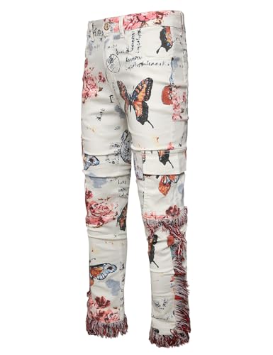 Men Butterfly Flower Print Tassels Slim Straight Jeans3