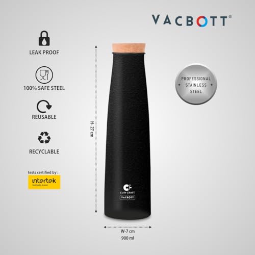 Image of Clay Craft Vacbott Chariott Cork Single Walled Non Insulated Stainless Steel Water Bottle, 900ml (Black Matt)