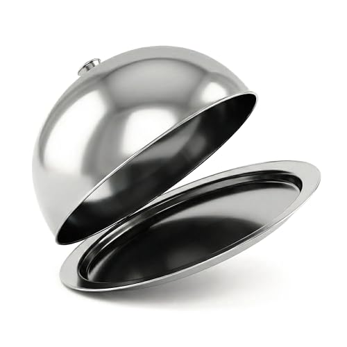 MTS Stainless Steel Cloche Food Cover Dome & Serving Platter - Metal Plate Dish with Lid for Keeping Food Warm - Silver Bell Jar Presentation for Restaurant Dining, Burgers, Steak, Cheese & Desserts