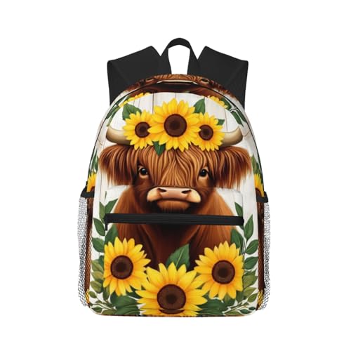 Big Capacity Anti-Theft Multipurpose Shoulder Bag for Travel Sport, Highland Cow Sunflower Bags, Daypack Backpack Durable Rucksack for Gym Outdoors Running