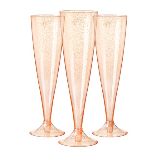 Homy Feel 30 Pack Rose Gold Glitter Plastic Rose Gold Wine Glasses 5OZ Champagne Flutes Disposable for Party Plastic Champagne Flutes Mimosa Bar Glasse for Valentines day Galentines day Supplies