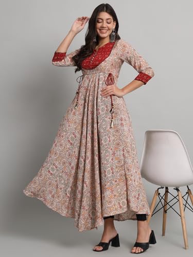 Image of Rapsodia Womens Cotton Green & Brown Floral Printed Flared Kurta