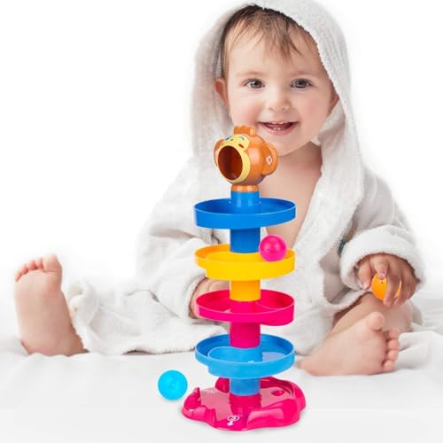 Image of PLUSPOINT Monkeyball Drop Toy for Babies & Toddlers - 5-Layer Tower with Swirling Ramps, 3 Rattle Balls, Multicolor Educational Development Toy Set for Early Learning