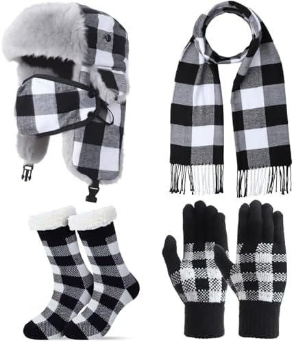 Handepo 4 Pcs Winter Plaid Trapper Hat with Gloves Scarf Socks Se...