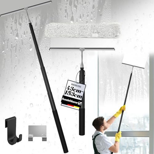 Raclette de douche extensible à long manche 43-153 cm – Raclette de douche noire avec tige télescopique en acier inoxydable – Raclette de cabine de...