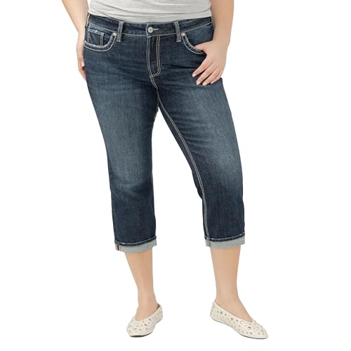 Silver Jeans Co. Women's Plus Size Suki Mid Rise Curvy Fit Capri Jeans, Dark Wash Indigo