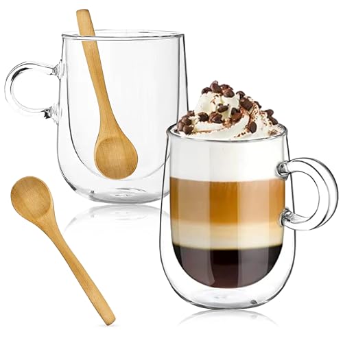 Cozeë Double Walled Glass Coffee Mugs – Set of 2 Glass Coffee Cups with 2 Wooden Spoons – 13oz Espresso Cup Set – Insulated Clear Glass Coffee Mugs for Latte, Espresso, Tea, Americano