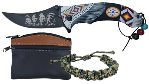 TORO SURVIVAL Navaja Hoja Acero 3Cr13MoV 8,5 Cm | Diseño Étnico Nativo + Monedero De Piel + Pulsera Paracord Ajustable | Regalo Original En Caja (Indios)
