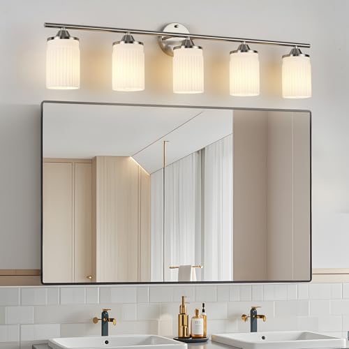 Image of Jonsi Nickel Bathroom Light Fixtures 5-Light Vanity Lights Modern Wall Sconce with Milk White Shade Brushed Nickel Bathroom Light Fixture Over Mirror for Bedroom Hallway Kitchen