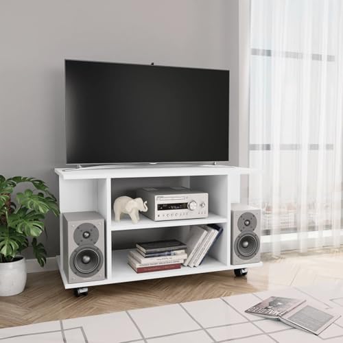 Homgoday Mueble TV con ruedas blanco 80