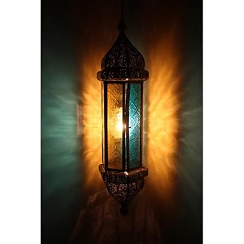 Stylla London Rustic Brass Finish Moroccan Candle Lantern I Tea Light or Candle Holder for Indoor or outdoor I Blue Yellow Set Tonal Glass | Vintage Style Hanging Lantern Cover