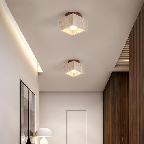 Plafonnier en travertin jaune et bois de noyer lustre chic rustique - 3