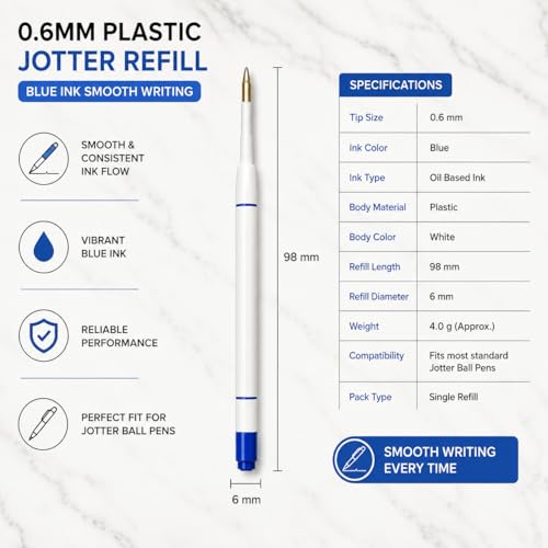 Image of Pen Paradise 0.6MM Plastic Jotter Refill | Smooth Blue Ink | Use for Jotter Refill | Set of 6 | Long-Lasting, Smooth Writing, Office & School Compatible