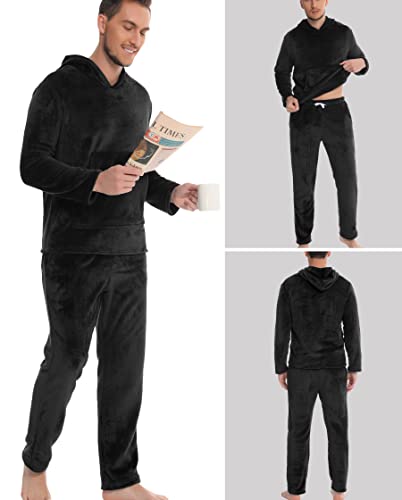 Vlazom Mens Pyjamas Set, Warm & Soft Fleece Pj's Sets for Men with Fluffy Hoodie Loungewear with Pockets2
