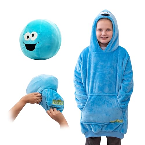 PLUSHIBLE Sesame Street Snugible Wearable Blanket Hoodie, Oversized Hoodie with Pocket - Soft Snuggies for Women, Men, Adult & Kids, Oversized Sweatshirt for Lounging & Travel, Cookie Monster (Kid)