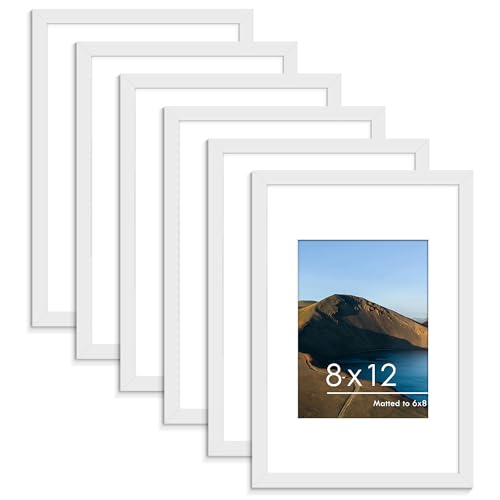 PEALSN 8x12 Picture Frame Set of 6 Display Pictures 6 x 8 with Mat or 8 x 12 without Mat for Wall Mounting or Table Top Display Photo Frames Collage for Wall Decor White