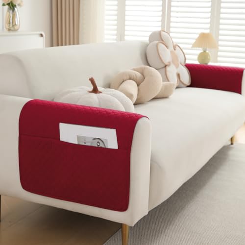 Image of HOKIPO Polyester Quilted Sofa Armrest Cover With Pockets, Maroon, Pack Of 2 (1 Pair) (In-787-Mrn*2)