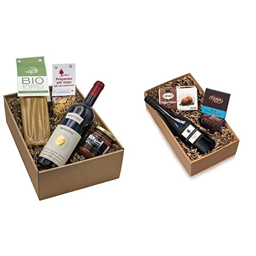 Geschenk-Set "Nudelliebe" Geschenk Korb mit Spaghetti di Semola, Gewürzmischung, Tomatensauce und Primitivo &amp; Präsentkorb „Gaumenfreude“ Italienischer Rotwein Sangiovese