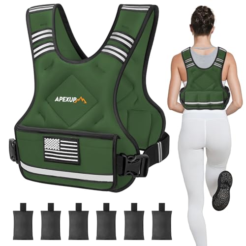 APEXUP Adjustable Weighted Vest, 4-10lb/12-18lb/20-32lb Vest with 6 Ironsand Weights and Large Pocket, Weight Vest for Men Women Strength Training, Running, Walking (20-32lb, Green) -  APEXUP-693