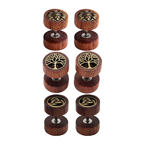 Jovivi 3pairs Organic Sono Wood Lion Head/Tree of Life Cheater Fake Ear Plugs Gauges 10mm Illusion Screw Stud Earrings for Women Men