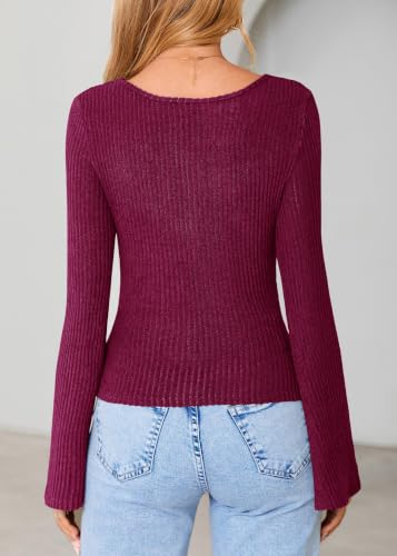 Lazysmile Women's Bell Sleeve Cowl Neck Ribbed Knit Shirts 2061 Ruched Trendy Going Out Tops Casual T Shirt Rose Red — view 2