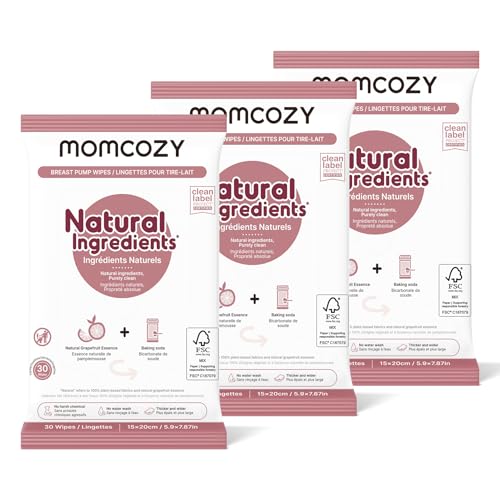 Image of Momcozy Natural Breast Pump Wipes for Pump Parts Cleaning On-the-go, 30 Count (Pack of 3), Flash Clean & Resealable Pump Wipes